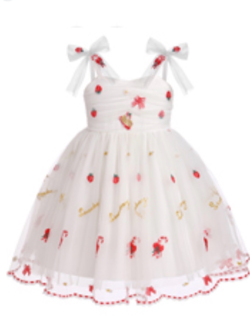 Girls White Strawberry Tulle Party Dress with Bows